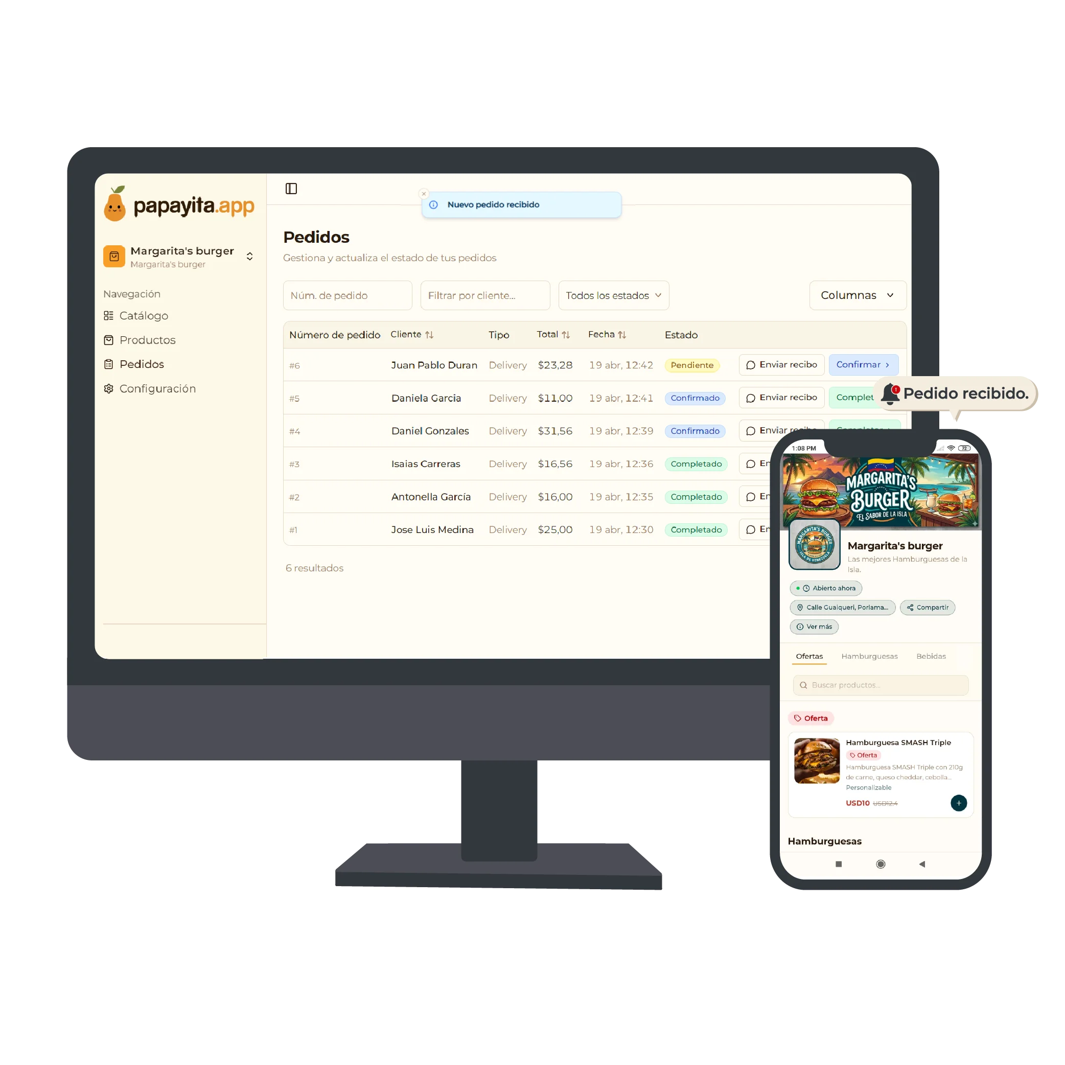 Composición de la interfaz de Papayita: dashboard en escritorio y tienda en smartphone